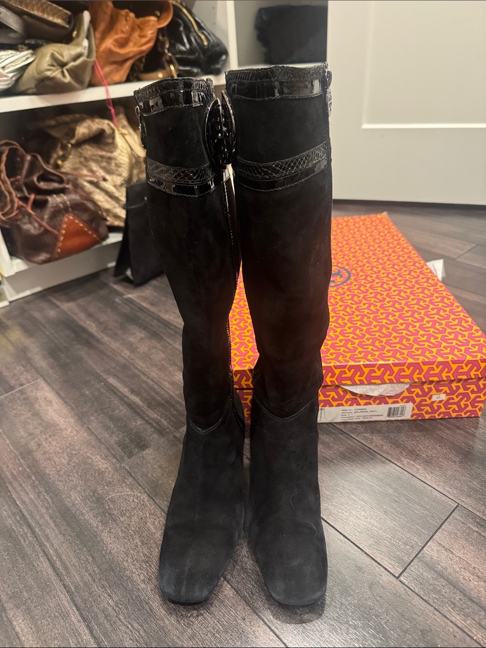 Tory Burch Black Suede snake Knee-High Logo Boots - Picture 3 of 5